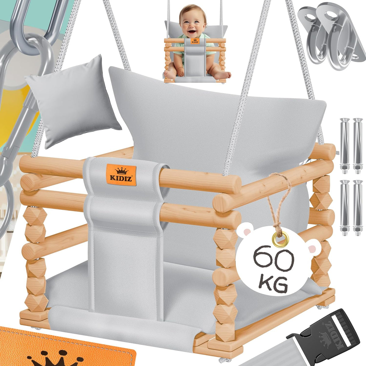 KIDIZ® Babyschommel, kinderschommel, schommelzitje met bekleding, houten schommel met anti-kantelfunctie, tot 60 kg, in hoogte verstelbaar, binnen en buiten, 0,5-3 jaar, montageaccessoires en