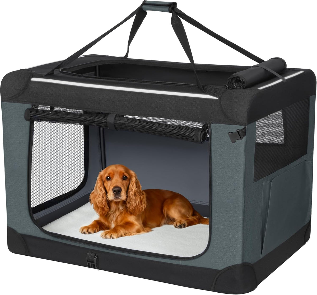 Hondentransportbox, opvouwbaar, draagbaar, met 3 deuren, 76,2 x 53,4 x 53,4 cm, ademend, reflecterende versieringen en zakken, Oxford-weefsel, grijs, FPDT002OG1