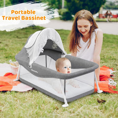 Ezebaby Kinderreisbed, babybed, klein, inklapbaar, uitgerust met opbergtas, muggennet en speelgoed, geschikt voor baby's van 0-5 maanden, grijs