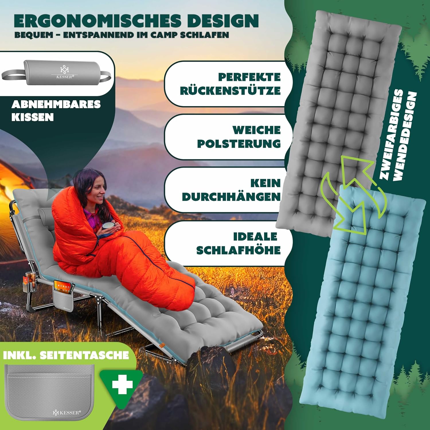 KESSER® Campingbed - Ligbed - Inklapbaar - 190x68x30cm - Grijs