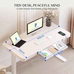FlexiSpot Elektrisch in hoogte verstelbaar bureau met LED-hoogte-indicator, geheugenfunctie en USB-aansluiting, elektrisch bureau met lade voor thuiswerkplek 140 x 70 cm (wit)
