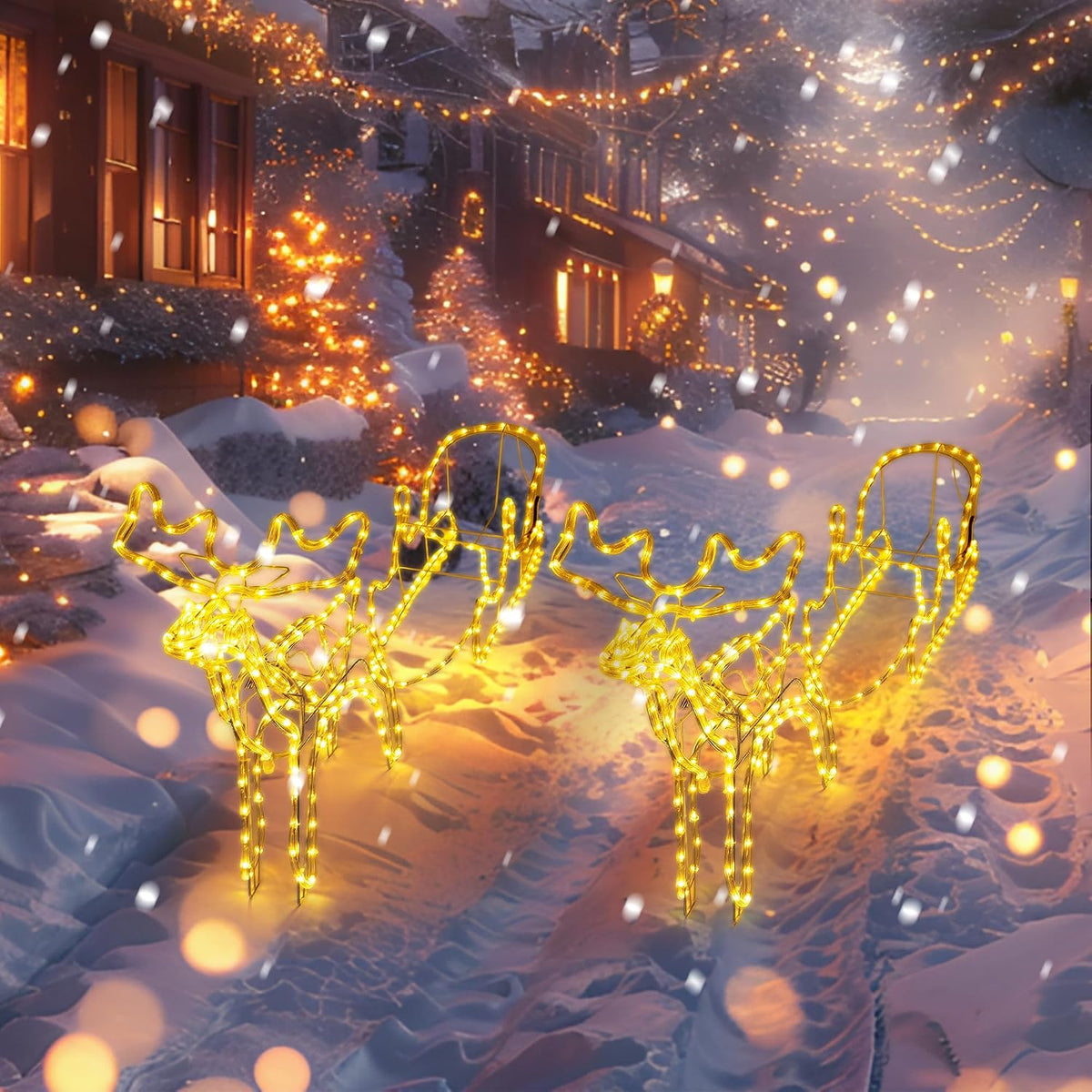 Kerstverlichting voor buiten en binnen, rendier met slee, kerstdecoratie voor buiten, 2700 K, 600 lm, kerstverlichting, 12 W rendier, kerstdecoraties (warm wit, IP44), 2 stuks