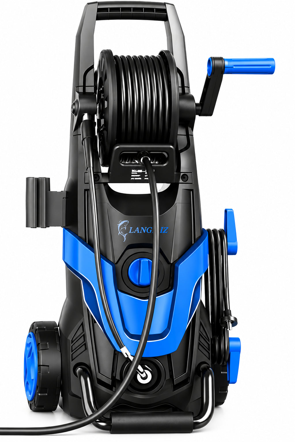 LANCHEZ Hogedrukreiniger 145 bar, debiet 420 l/u, met slanghaspel, 4 snelaansluitsproeiers, toevoerslang en filter en schuimmondstuk voor auto, terras