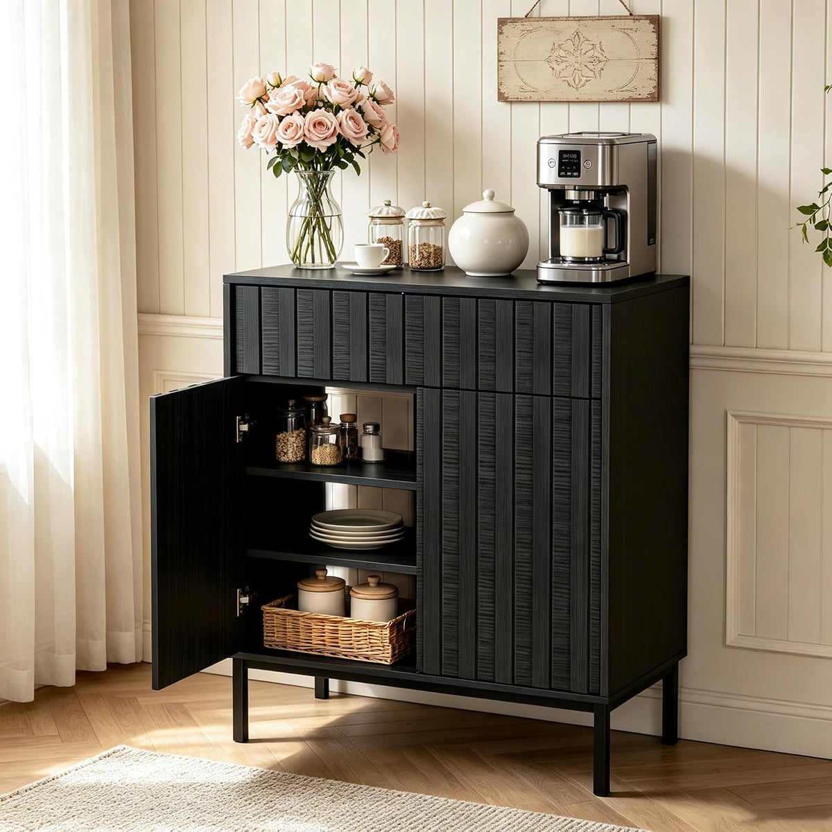 UEV Sideboard 70x37x88,5cm, keukenkast met lade & 2 deuren (zwart)