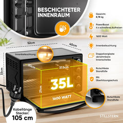 Vrijstaande oven - Hetelucht oven - 35 Liter - 1600W - Zwart - Stilstern