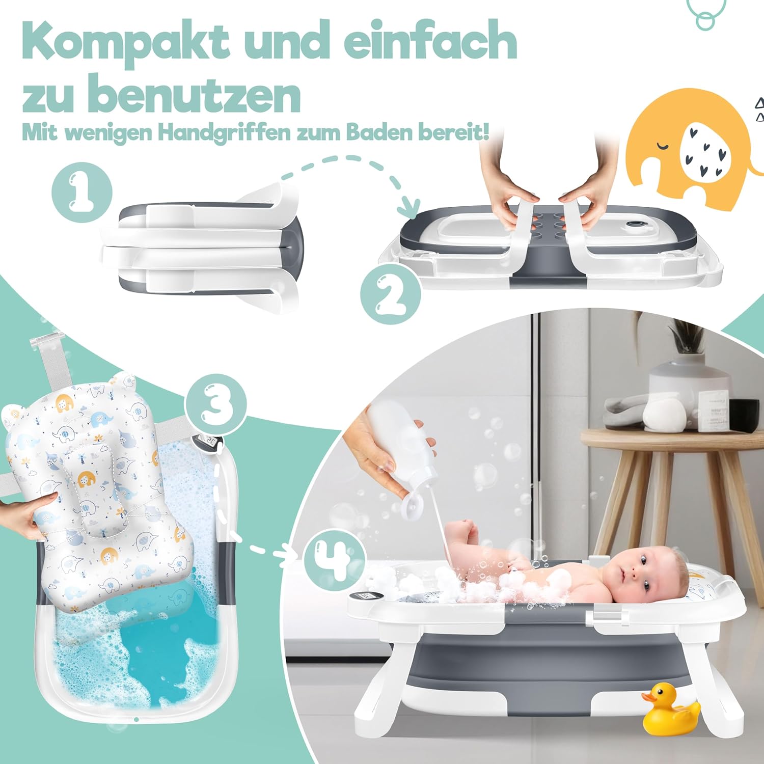 KIDIZ® Babybadje, ruimtebesparend en opvouwbaar, badje, douchebak voor pasgeborenen en peuters, 0-24 maanden, reisdouche, draagbaar, voor baby's, ergonomisch met thermostaat en kussen