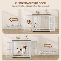Fobyfurny Hondenbench Meubel, 80 cm Houten Hondenbench met 3 Deuren en Verstelbare Zijdeur, 80 x 60 x 70 cm, Eindtafel Voor Kleine tot Middelgrote Honden, Hondenbench Voor Binnen, Bruin en Wit