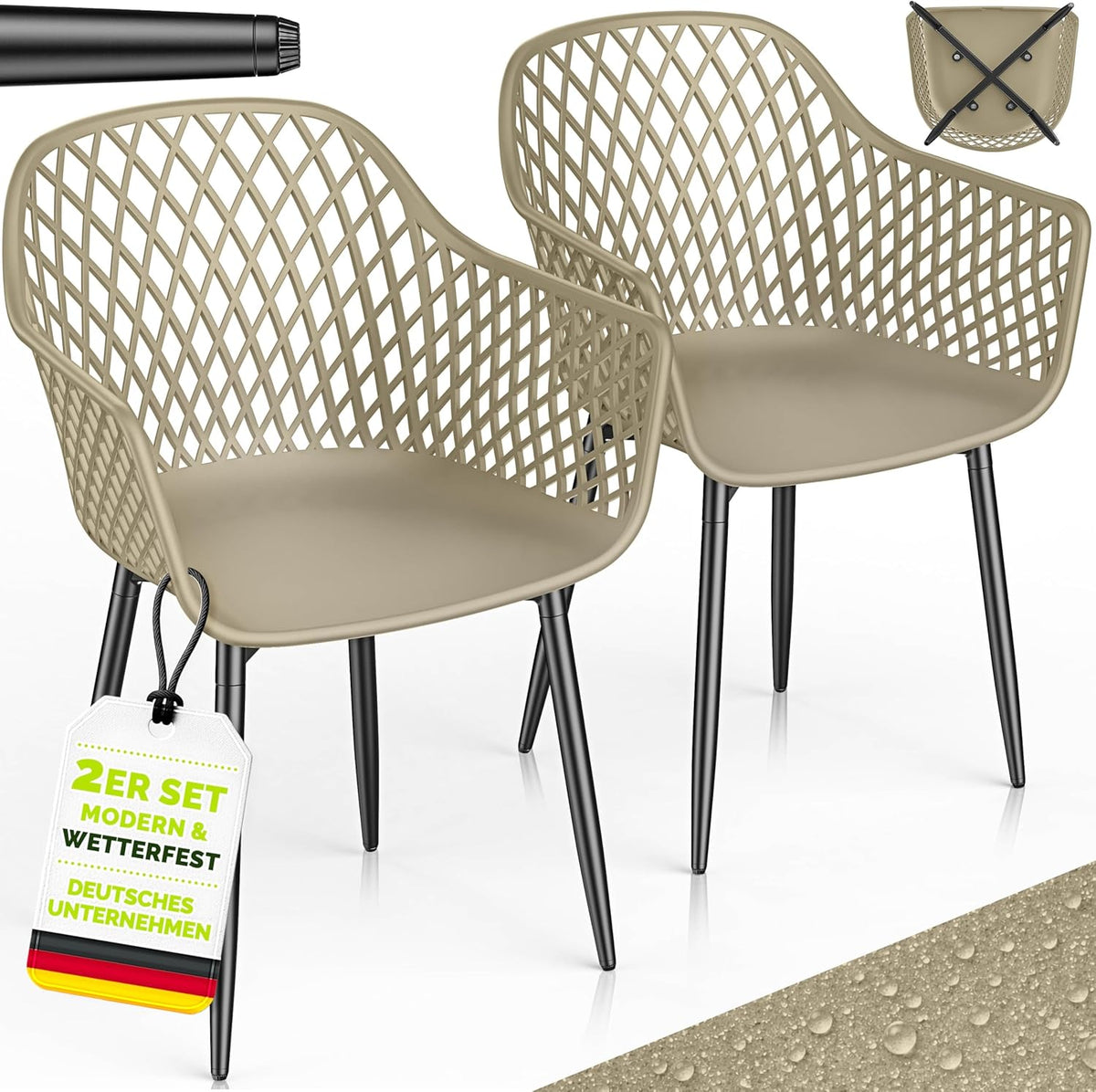 tillvex Tuinstoelen, set van 2, weerbestendig, met armleuning, belastbaar tot 120 kg, tuinstoelen, uv-bestendig, terrasstoel, tuinmeubelen, terras, balkon, beige