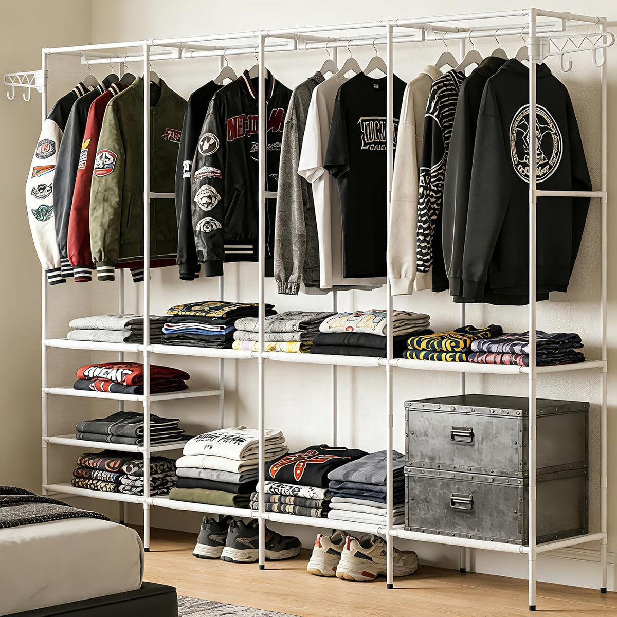 ST Open kledingkast, stabiel, afmetingen 215 × 36 × 170 cm, complete accessoires, met 10 vakken en 2 haken, wit