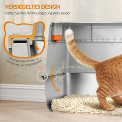 FPLB204SG1 Kattenbak van roestvrij staal met deksel, XL gesloten kattenbak met trede en schep, gemakkelijk te reinigen, twee ingangen, uitneembaar, 60 x 40 x 38 cm, lichtgrijs