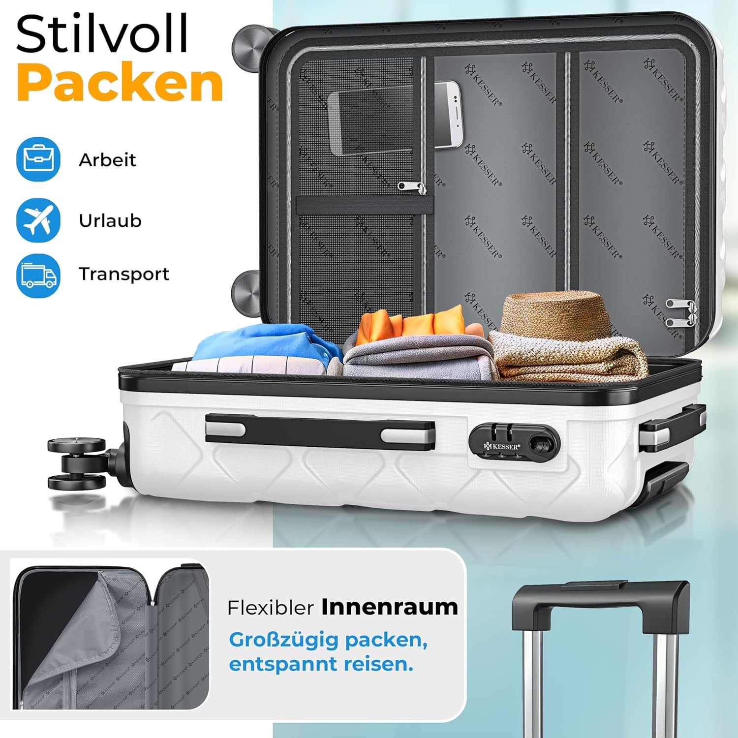 KESSER® Reiskoffer, koffer, handbagage, ABS, hardshellkoffer met cijferslot, kofferweegschaal en reisportemonnee, 360° wielen, rolkoffer voor business en reizen, trolley met telescoopstang