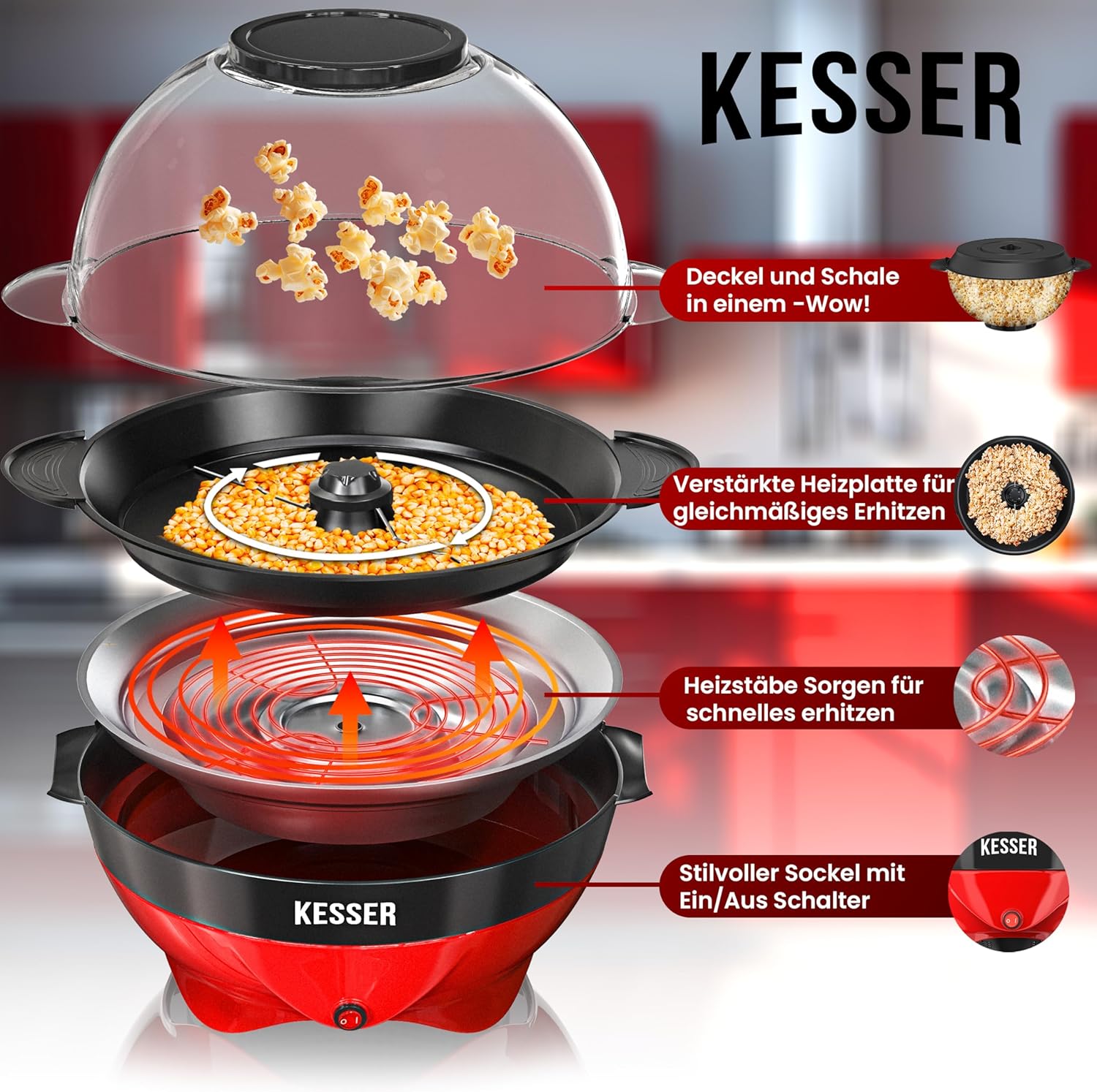 KESSER® Popcornmachine - Popcornmaker - 800W - 5,5L - Rood