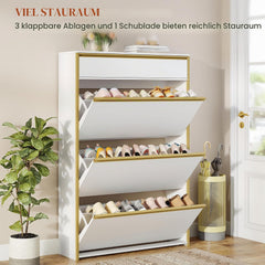 HEXCELEN Schoenenkast met 3 klapdeuren, 80 x 24 x 137,5 cm, wit-goud, met lade, 6 planken, verstelbaar, voor hal, entree, garderobe