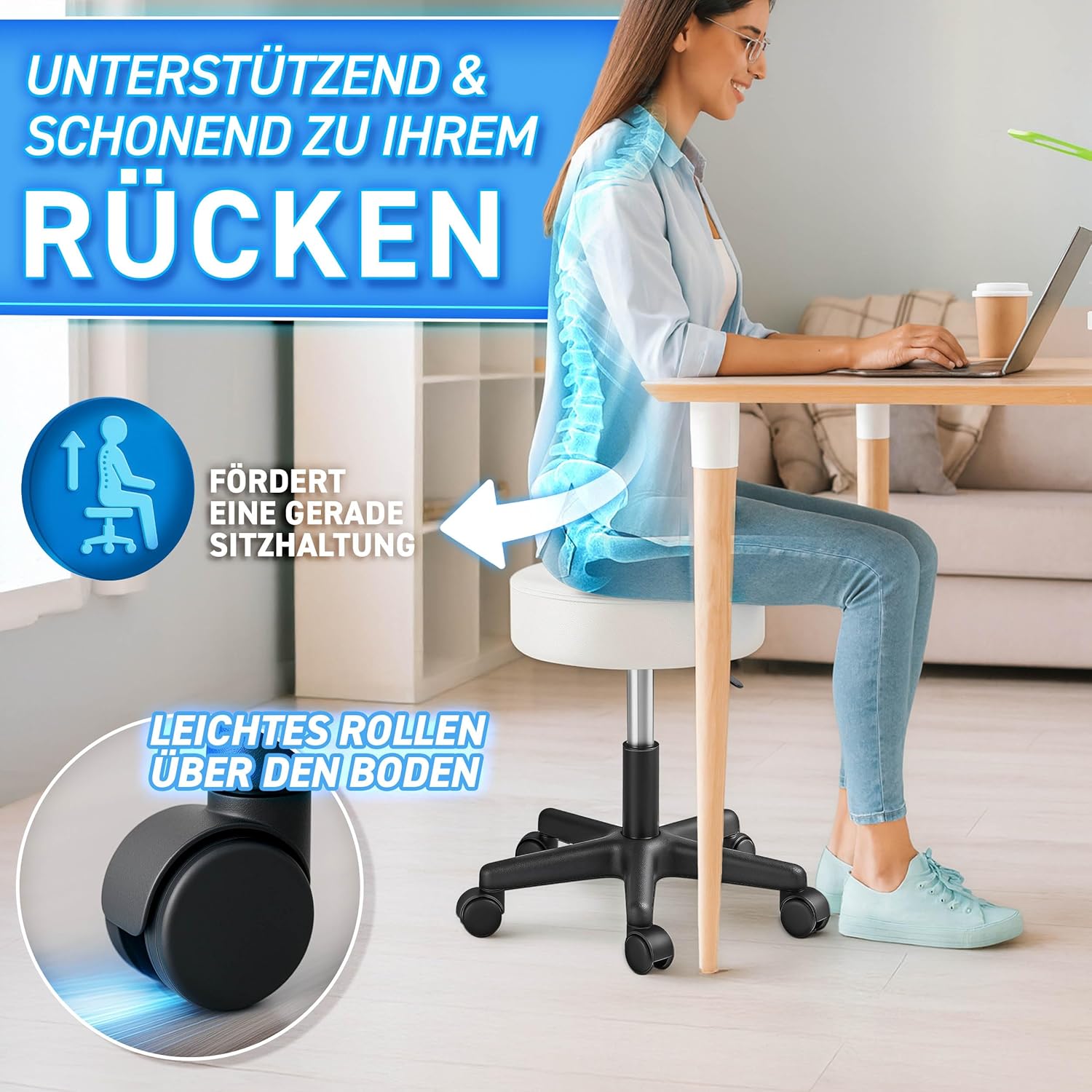 Tresko Draaikruk met wieltjes, kussen van 10 cm, 360 graden draaibaar, in hoogte verstelbaar, keuze uit 8 verschillende kleuren, voor schoonheidsspecialisten, dokters enz.