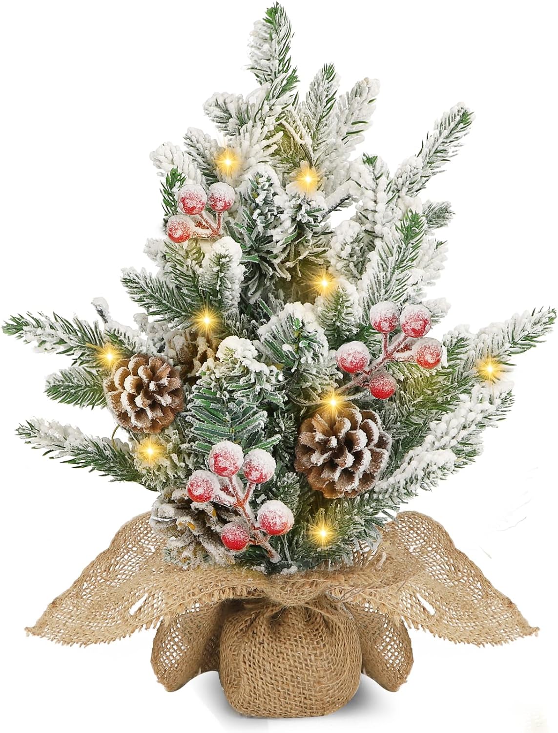 Aigostar kerstboom van 35 cm met ingebouwde verlichting - Kleine, besneeuwde boom versierd met dennenappels en rode bessen - Perfect voor de woonkamer, slaapkamer of kinderkamer