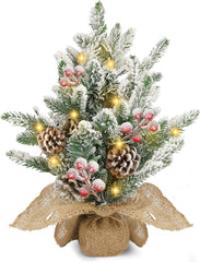 Aigostar kerstboom van 35 cm met ingebouwde verlichting - Kleine, besneeuwde boom versierd met dennenappels en rode bessen - Perfect voor de woonkamer, slaapkamer of kinderkamer