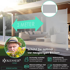 KESSER® Aluminium zijluifel, uittrekbaar en ondoorzichtig, 300 x 180 cm, tuinscherm en windscherm met oprolmechanisme voor balkon en terras, zijrolgordijn incl. regenhoes met wandhouder, grijs