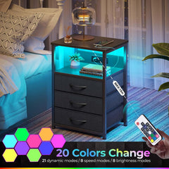 Rolanstar Nachtkastje met oplaadfunctie en led, salontafel met 3 stoffen laden, USB-poorten en stopcontacten, bijzettafels voor woonkamer, slaapkamer, Zwart, 40 x 30 x 60 cm