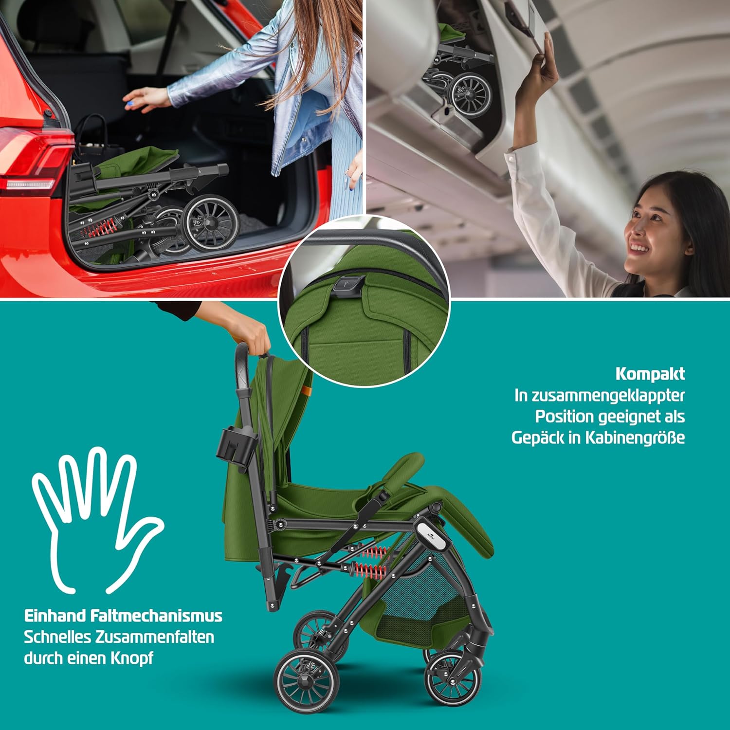 KIDIZ® Kinderwagen kinderbuggy opvouwbare ligbuggy sportwagen opvouwbaar 360° wielen 5-punts gordel incl. voetenzak, drankhouder, regenhoes & muggennet verstelbare rugleuning & zonnekap