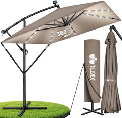 tillvex Rechthoekige aluminium parasol, diameter 330 cm + afdekking met zwengel, zweefparasol, aluminium, rechthoekig met standaard en windbescherming, tuinscherm, uv-bescherming, waterdicht, 360°, cappuccino