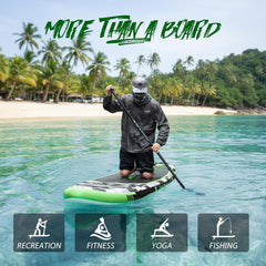 FunWater SUP-board, opblaasbaar stand-up paddleboard voor alle vaardigheidsniveaus, ideaal voor beginners en gezinnen, met antislip EVA-dek, peddel, pomp en complete accessoires, groen/zwart