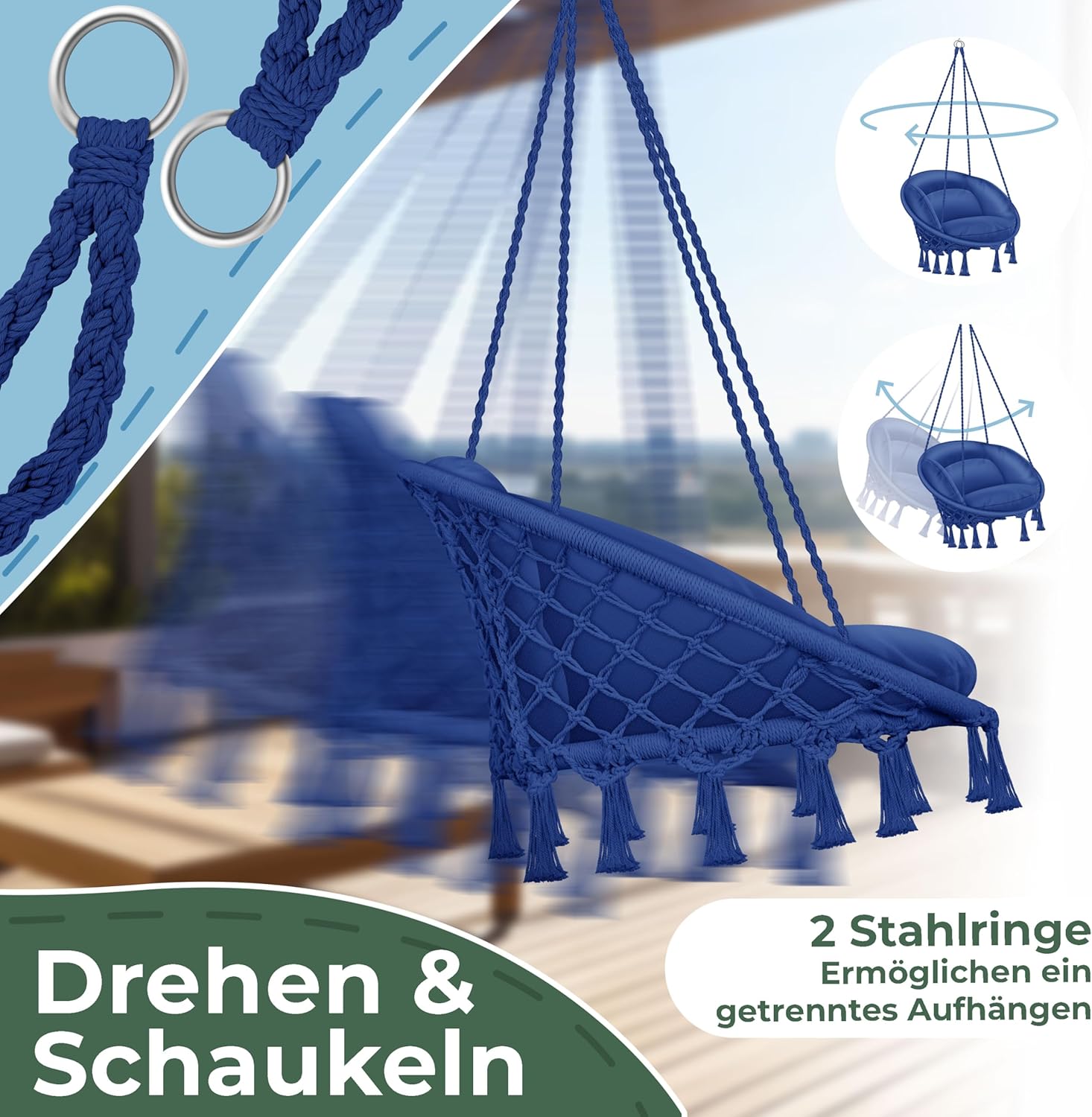 Hangstoel - Binnen & Buiten - Hangschommel - Tot 150kg - Blauw - KESSER®