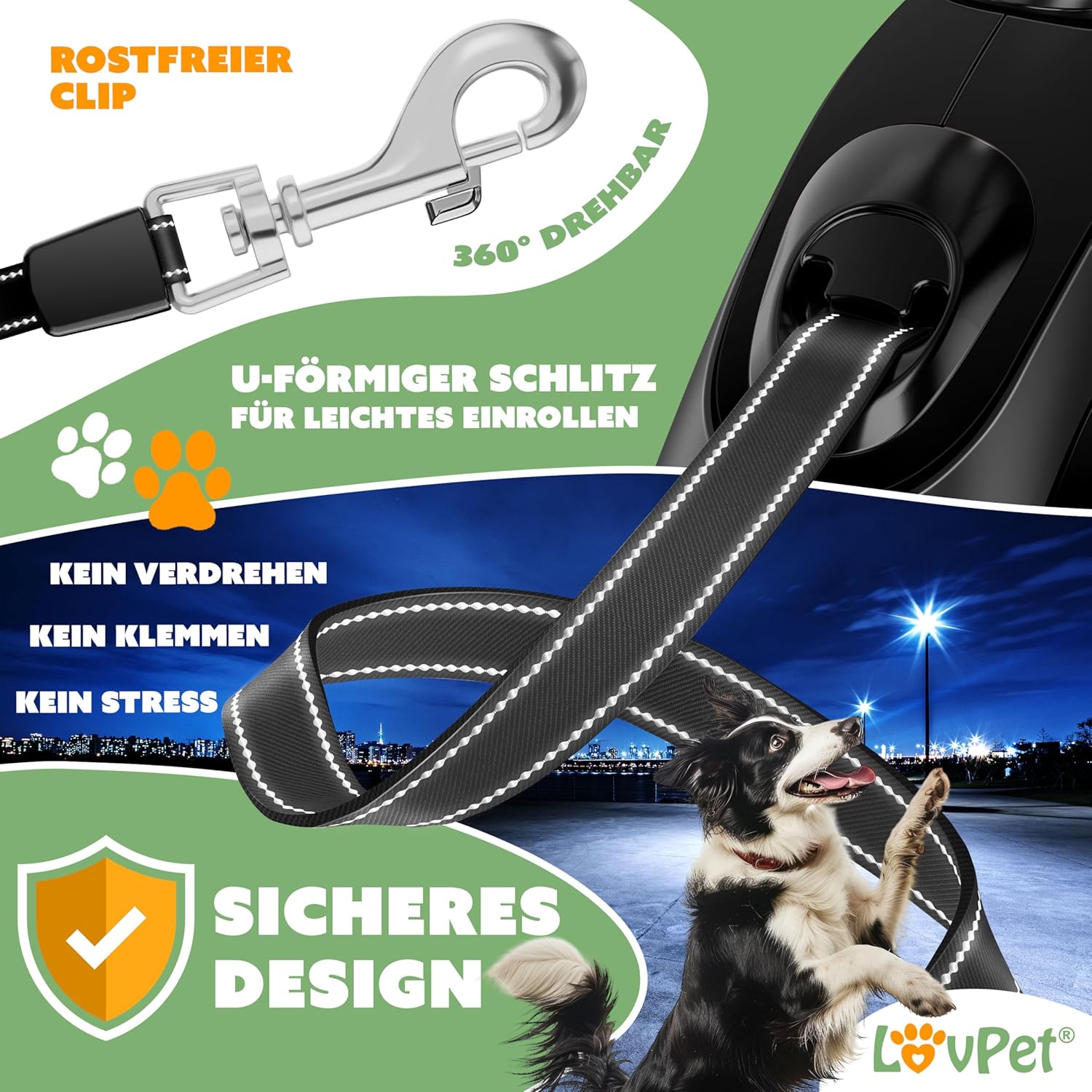 Lovpet® Hondenrollijn, 8 m, hondenriem voor kleine en grote honden, 50 kg, uittrekbare lijn, ergonomische en antislip handgreep, jogginglijn, 360 graden lijnverlenging, looplijn, reflecterende mazen