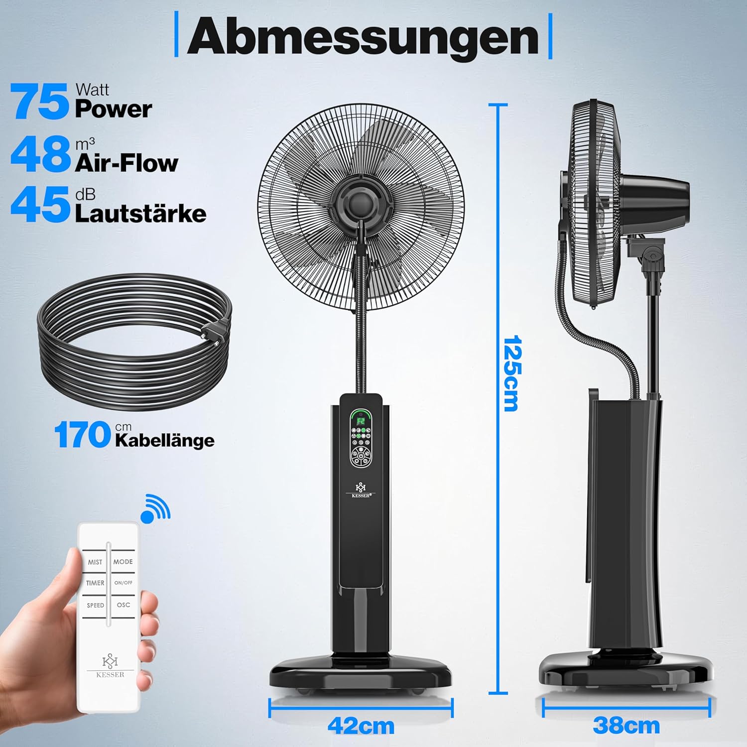 KESSER® Ventilator staand - Statiefventilator - Mist Ventilator - Zwart