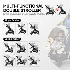 TALENBEEN Dubbele kinderwagen voor tweelingen en peuters, opvouwbaar tandemmodel, om te bouwen van tweelingkinderwagen naar eenpersoonskinderwagen, compact en lichtgewicht, geschikt voor kinderen van 0-3 jaar