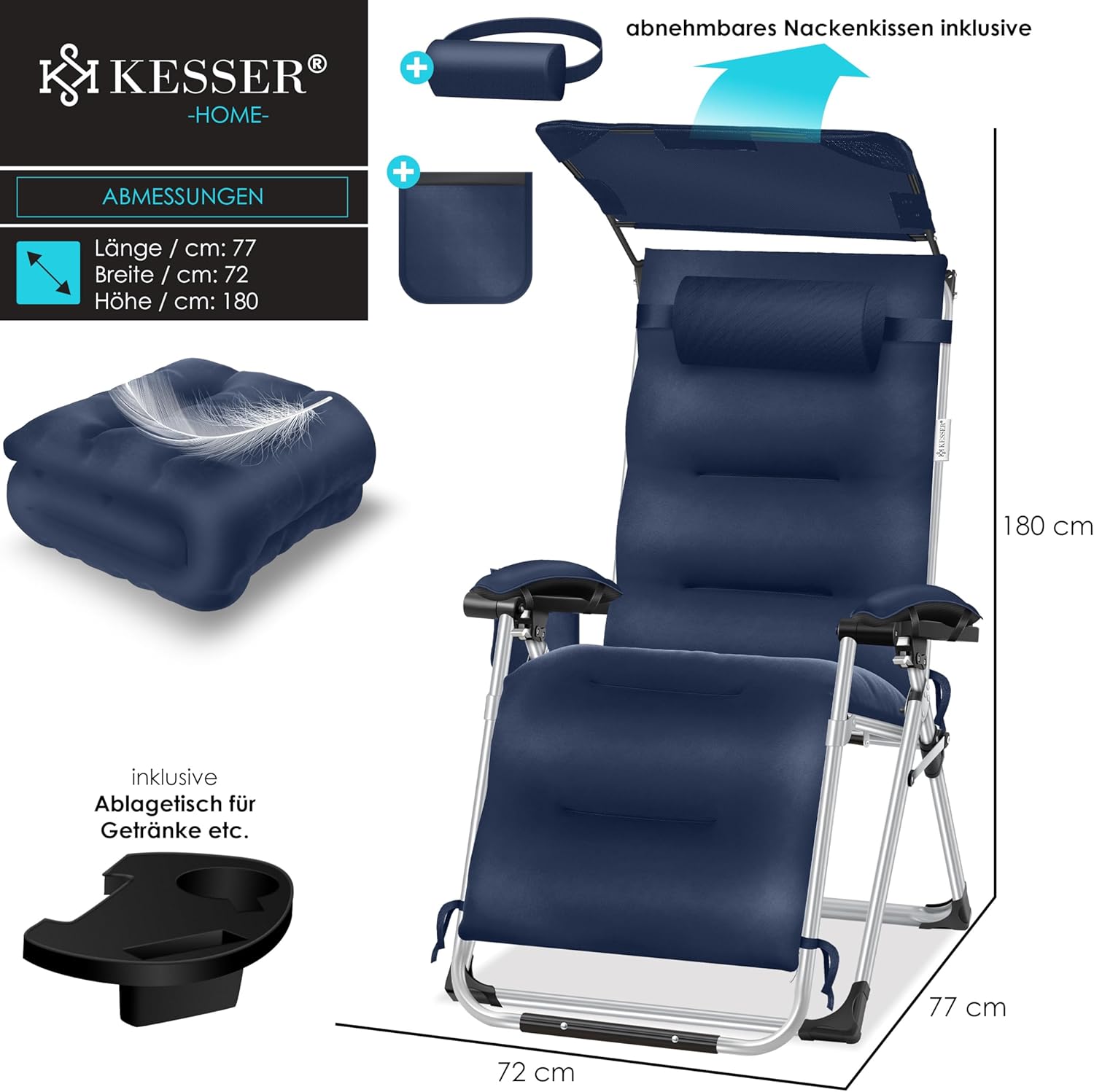 KESSER® XXL opvouwbare tuinligstoel, weerbestendig, belastbaar tot 200 kg, ergonomisch kussen, verstelbare rugleuning met nekkussen, bekerhouder en vulling voor