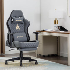 Symino Gamingstoel, ergonomische bureaustoel in racestijl, 200 kg belastbaarheid, verstelbare armleuningen, vintage PU-leer, gamingstoel met voetensteun, grijs