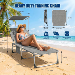 Ligstoel inklapbaar met dak, tuinligstoel 194 x 67,5 x 29 cm, ligstoel met verstelbare rugleuning en hoofdkussen, opvouwbare campingligstoel voor strand, zwembad, tuin, tot 120 kg, linnen