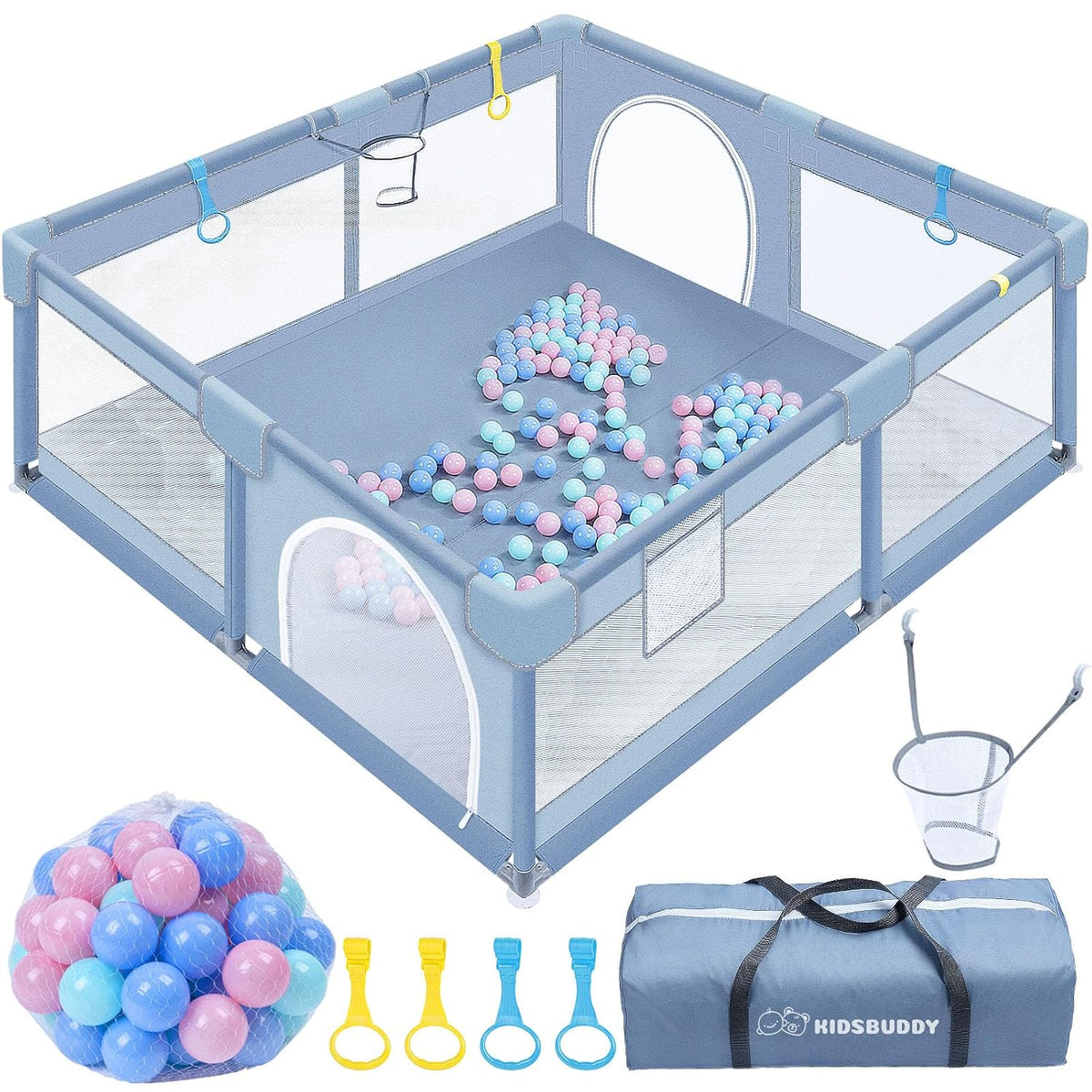 Verdego Box voor baby's, 130 x 130 x 66 cm, opvouwbaar met trekringen, ballen, 210D Oxford, ademend net, veiligheidsspeelplaats, beschermrooster (lichtgrijs)