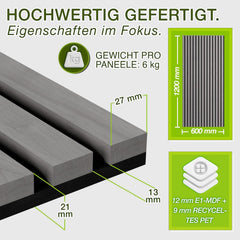 Wandpanelen - Akoestische panelen - Lattenwand - 2 stuks - 120x60 cm - Grijs - TRESKO
