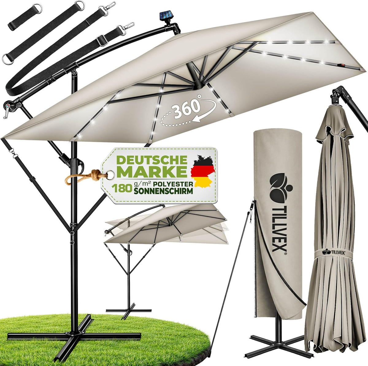 tillvex Rechthoekige aluminium parasol, diameter 330 cm + afdekking met zwengel, zweefparasol, aluminium, rechthoekig met standaard en windbescherming, tuinscherm, uv-bescherming, waterdicht, 360°, taupe •