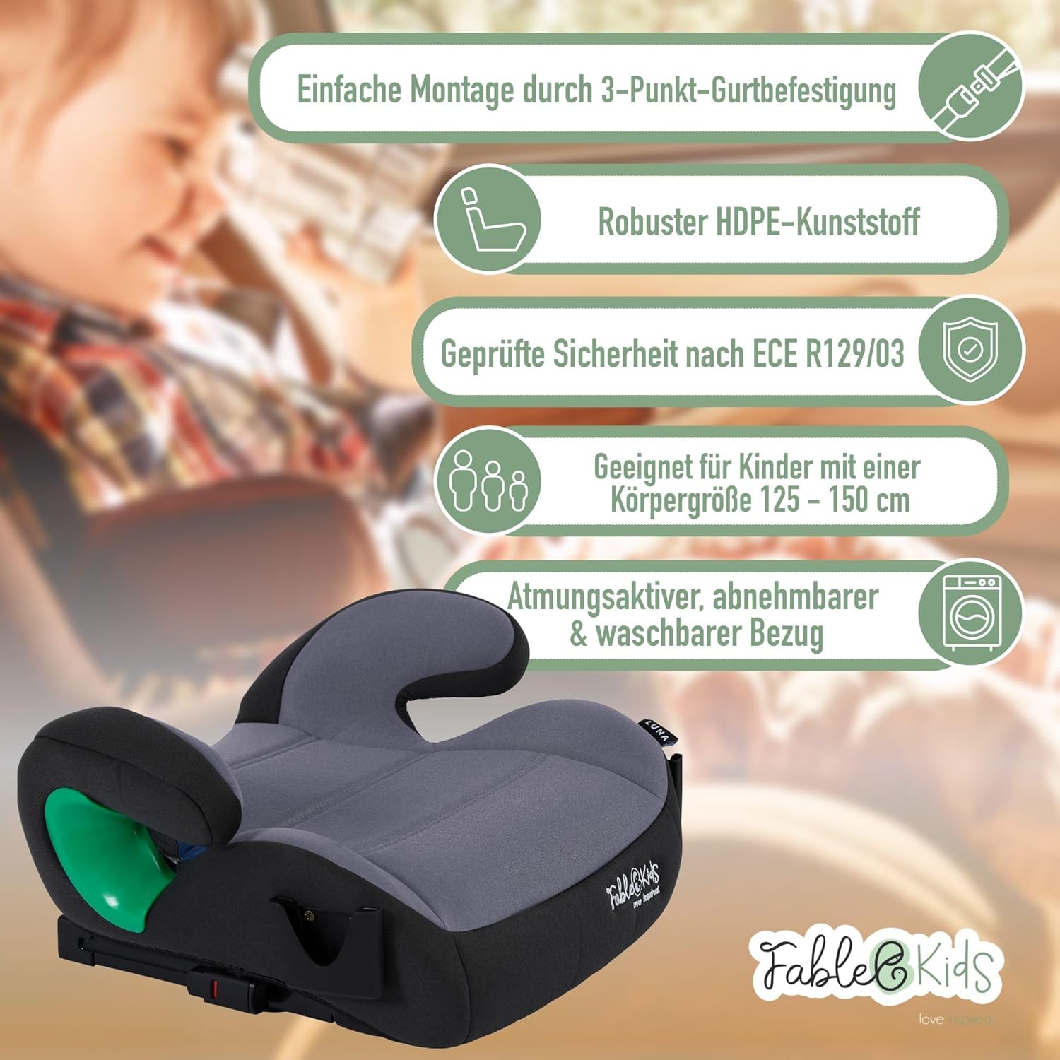 FableKids Isofix Zitverhoger, 3-punts veiligheidsgordel, kinderzitverhoging tot 5 jaar, autostoel voor kinderen, 125-150 cm, met bekerhouder, ECE R129/03, grijs