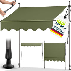tillvex Klemluifel met handslinger, balkon, balkonluifel zonder boren, luifel uv-bestendig en in hoogte verstelbaar, zonwering voor terras en tuin, waterdicht (legergroen, 250 cm)