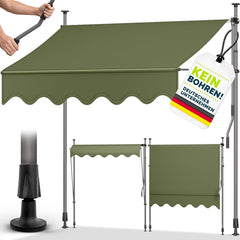 tillvex Klemluifel met handslinger, balkon, balkonluifel zonder boren, luifel uv-bestendig en in hoogte verstelbaar, zonwering voor terras en tuin, waterdicht (legergroen, 150 cm)