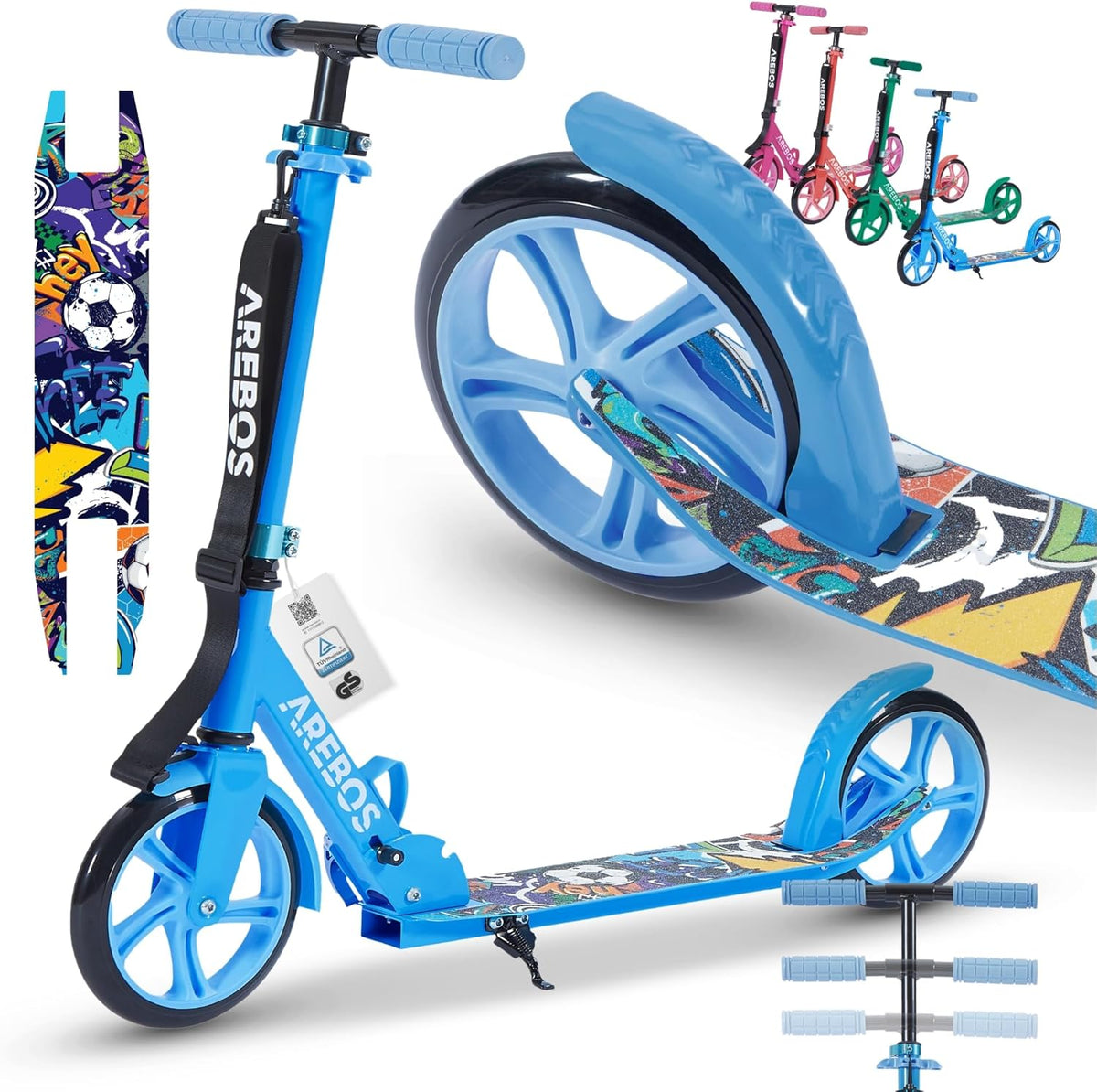 Arebos City Scooter, Hoogteverstelbaar | Opvouwbaar | Inclusief draagriem | XXL wielen | Kickrem | Voor kinderen en volwassenen | Draagvermogen tot 100 kg | Kickstep | Kickstep