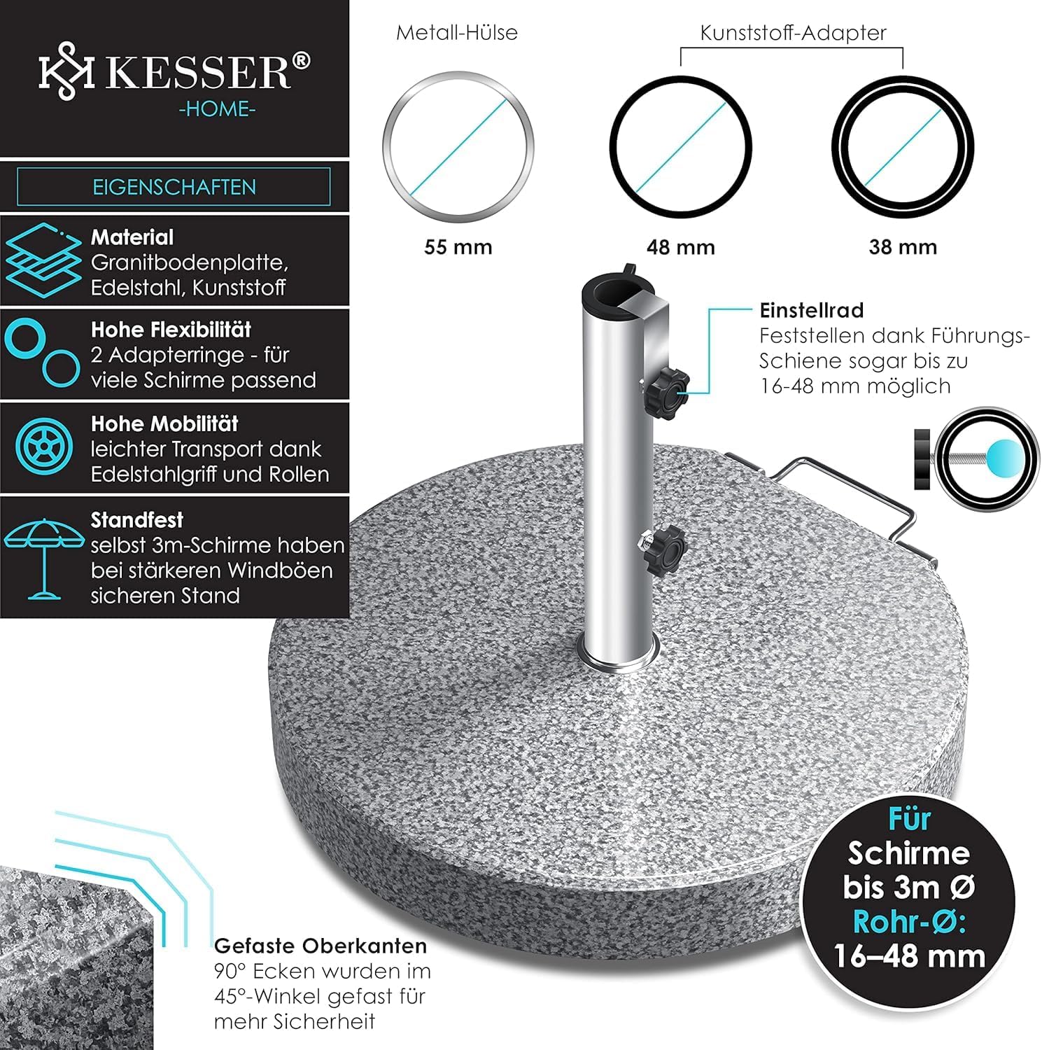 KESSER® Parasolvoet op wielen - Graniet 30kg - Ø16mm-Ø48mm - Grijs