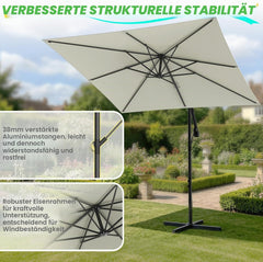 Verdego Parasol met standaard, zweefparasol, rechthoekig, Ø 350 cm, tuinparasol met zwengel, beschermhoes, uv-bescherming, winddicht, waterafstotend, aluminium, marktparasol, 360° draaibaar