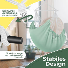 KESSER® Hangstoel Safari XXL Hangstoel voor Volwassenen en Kinderen Hangmat tot 150 kg Hangstoel Ophanging Indoor Outdoor Wonen Incl. draagtas, 2 kussens, bekerhouder & Boekenvak, Lichtgroen