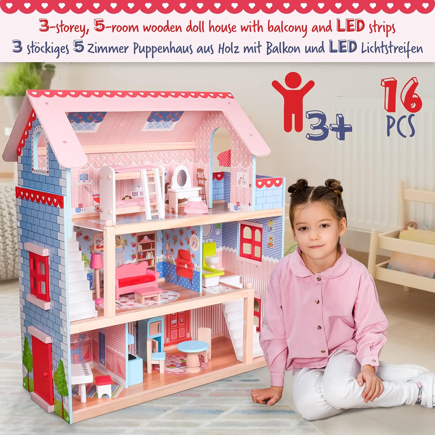 Houten XL Poppenhuis (60x70x30cm) - voor 13cm poppen - LED