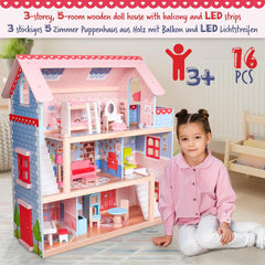 Houten XL Poppenhuis (60x70x30cm) - voor 13cm poppen - LED