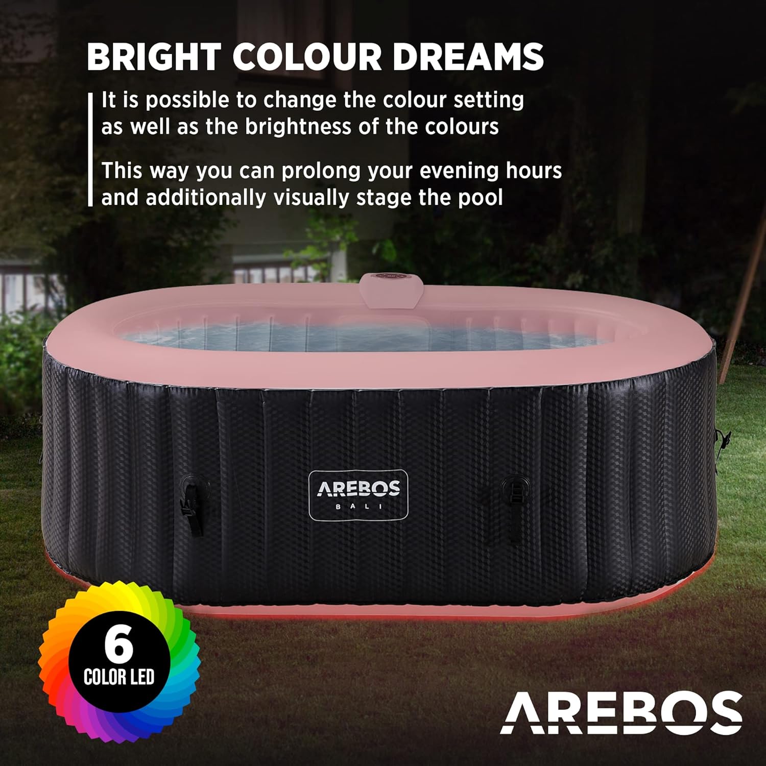Arebos Whirlpool met ledverlichting, opblaasbaar, binnen en buiten, 190 x 120 cm ovaal, 2 personen, 90 massagejets, met verwarming, 550 liter, inclusief afdekking, bubbelspa en wellnessmassage