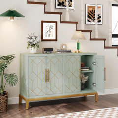 HLR Accentkast 122 cm met 4 deuren en planken, moderne dressoirkast met gouden afwerking, groene buffetkast voor woonkamer, keuken, eetkamer of hal, lichtgroen