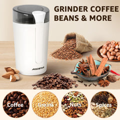 Aigostar Blanche Elektrische koffiemolen, maalgraad instelbaar, BPA-vrij, koffiemolen, mixer, molen voor koffiebonen, lijnzaad, noten, specerijen, granen, 60 g, 200 W, wit