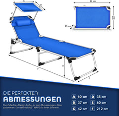 tillvex® Zonneligstoel met dak en hoofdkussen, opvouwbare ligstoel, strandstoel met verstelbare rugleuning, aluminium ligstoel, blauw