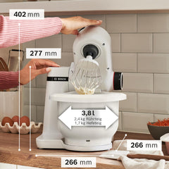 Bosch Keukenmachine serie 2, kleine keukenmachine, 3,8 l kunststof kom, doorloopsnijder, 4 schijven, 4 standen, kneedhaak/garde/klopper, vaatwasmachinebestendig, 700 W, wit