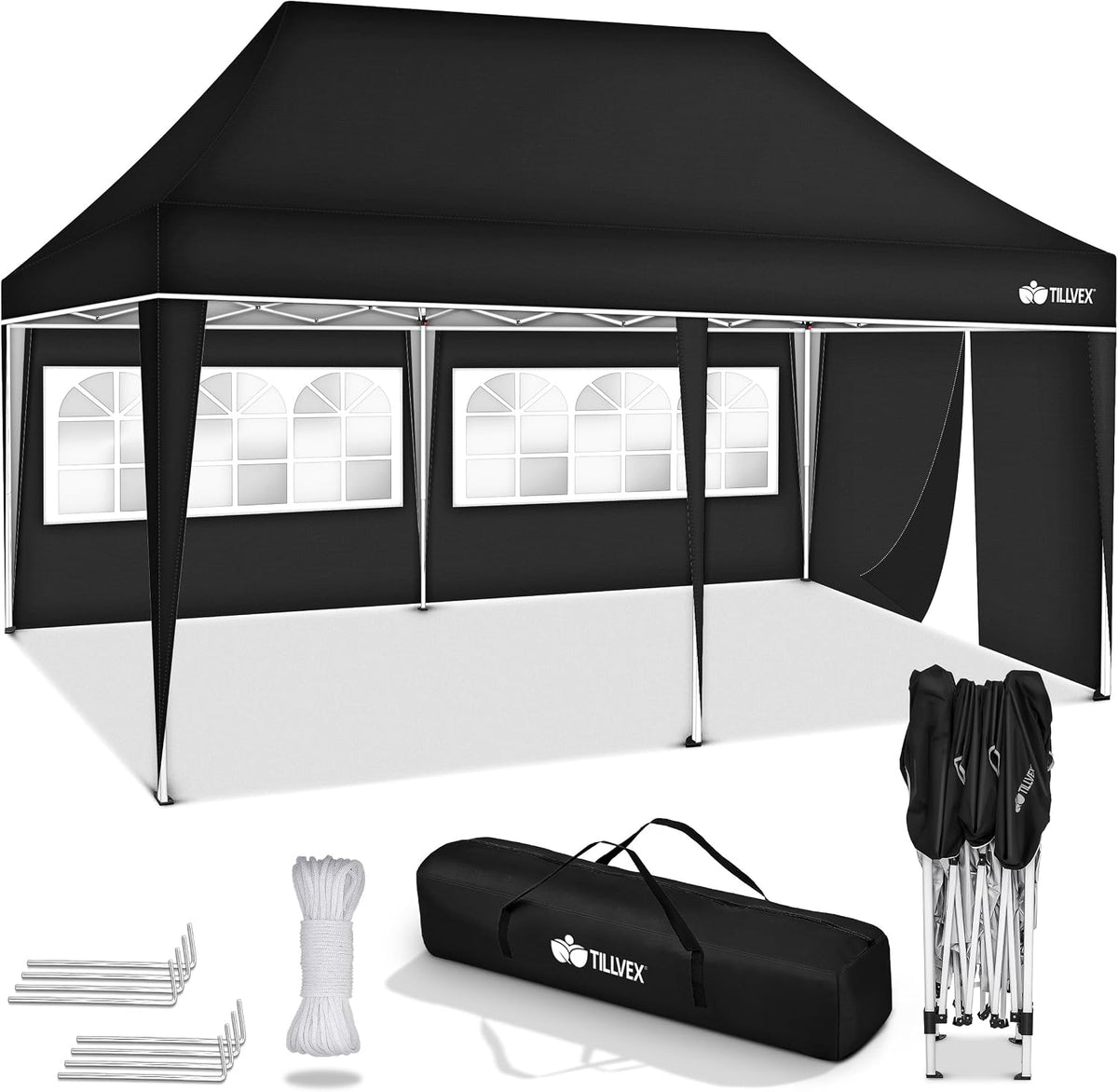 tillvex Paviljoen, 3 x 6 m, waterdicht, pop-up vouwpaviljoen, in hoogte verstelbaar, tuintent, uv-bescherming 50+, partytent met tas voor de tuin, zwart, met 3 zijdelen